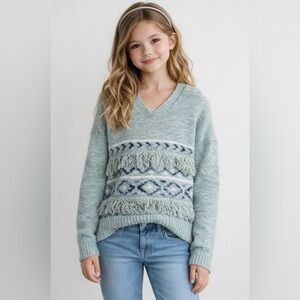 Abercrombie Kids Sweater Knit Mint Green Boho V-Neck Hooded Pullover Size 9/10